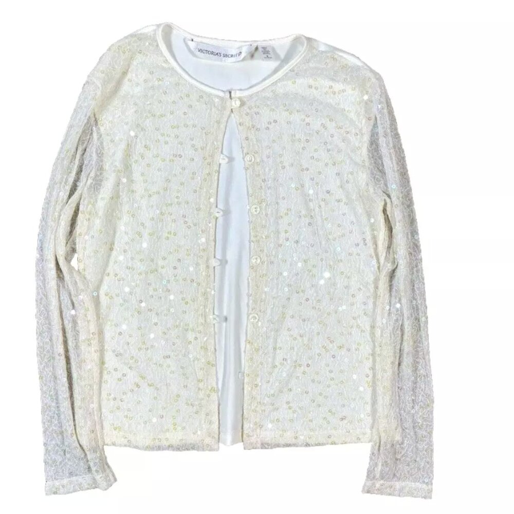 Vintage Victorias Secret Cardigan Sheer Sequin Top 1990s Y2K Cream Button Up